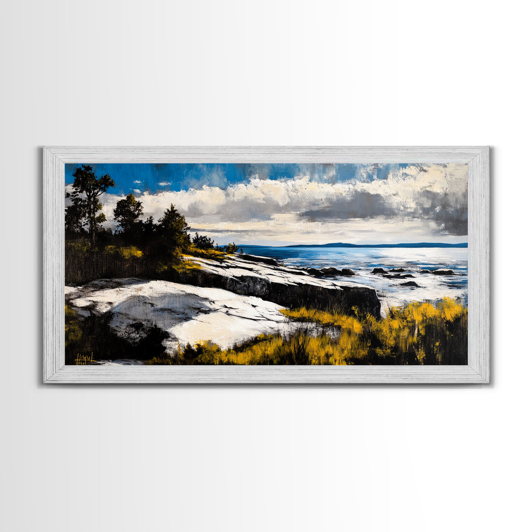 Coastal Landscape, Maine oil painting, seascape painting, landscape painting, nautical wall art, extra wide art, framed canvas print