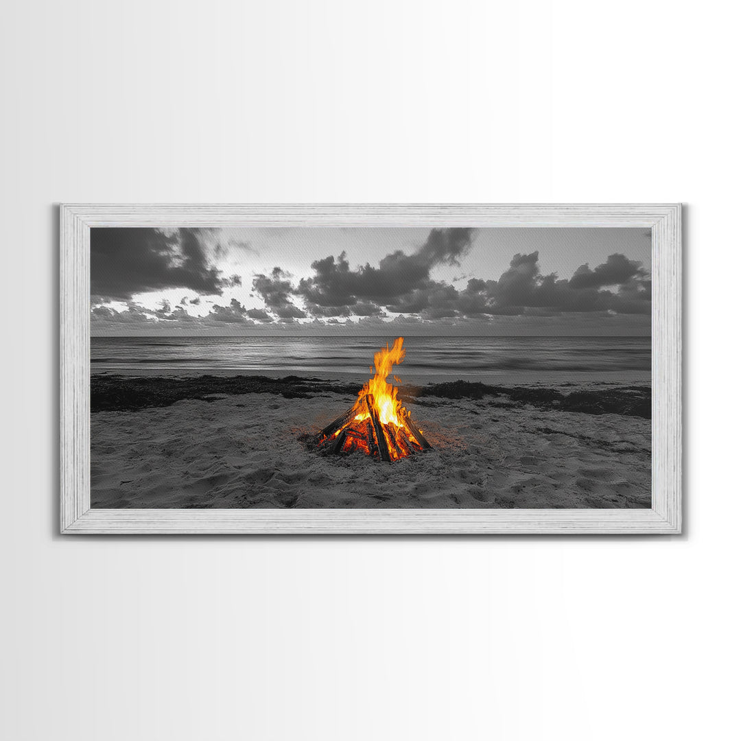 Campfire on Beach Framed Canvas Print | Seascape Painting | Coastal Wall Art | Moody Art | Rustic Decor | Extra Wide Art | Nautical Painting
