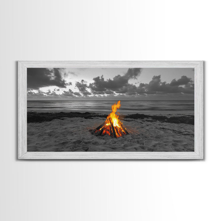Campfire on Beach Framed Canvas Print | Seascape Painting | Coastal Wall Art | Moody Art | Rustic Decor | Extra Wide Art | Nautical Painting