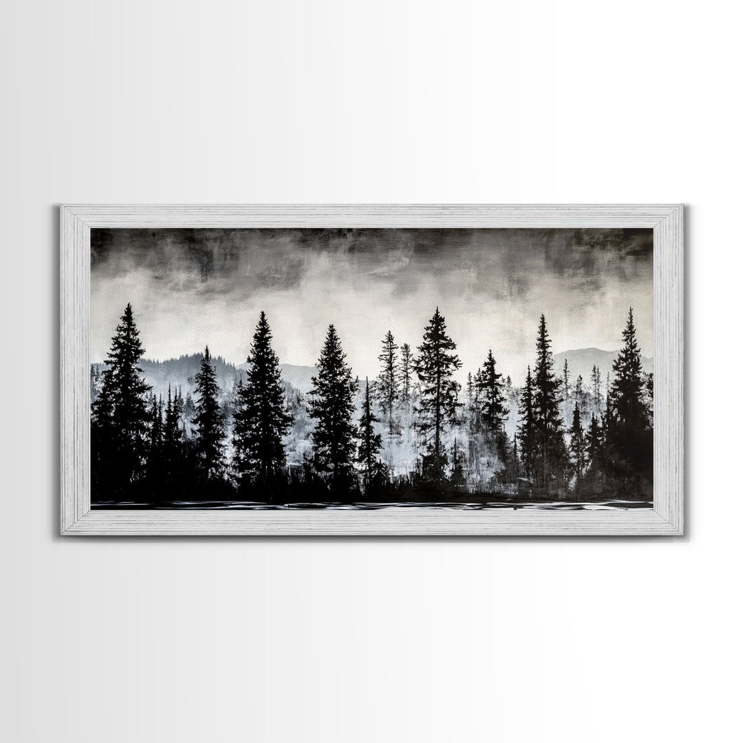 Pine Tree Forest, Moody Landscape Painting, Black and White Wall Art, Nature Wall Art, Extra Wide Art, Framed Canvas Print, Rustic Decor