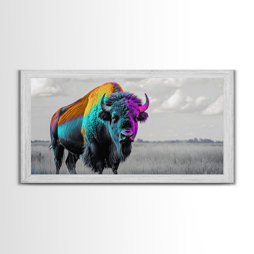 Neon Buffalo Portrait Canvas Print | Western Wall Art | Afrocentric Art | Moody Art | Rustic Decor | Southwest Art | Extra Wide Art.