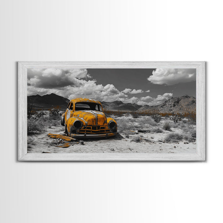 Abandoned Car in Desert Framed Canvas Print | Custom Car Painting | Moody Art | Southwest Wall Art | Wabi Sabi Art | Extra Wide Art