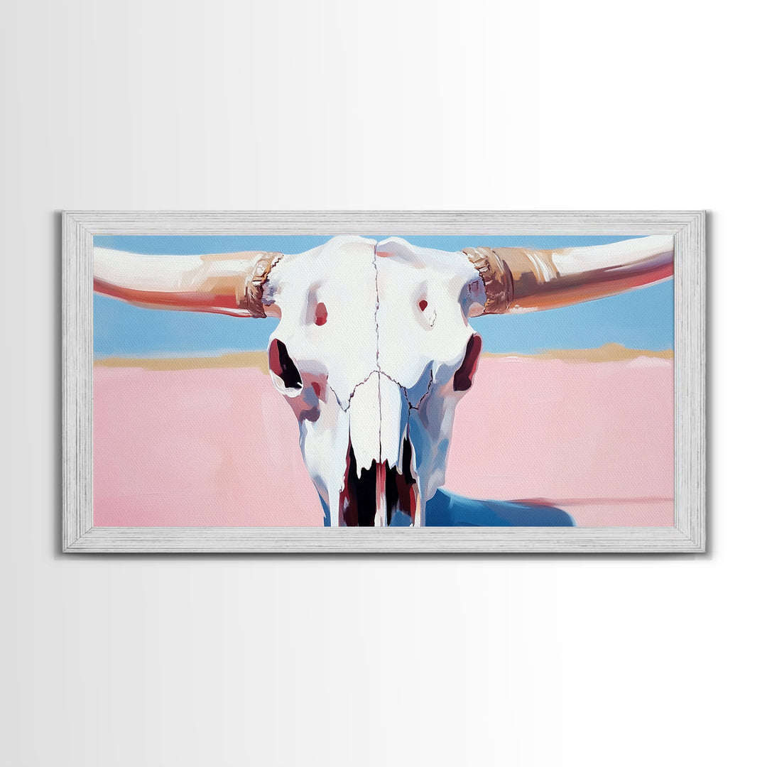 Bull Skull Painting, Southwest Wall Art, Pink and Blue Art, Rustic Western Decor, Framed Canvas Print, Extra Wide Art, Boho Art