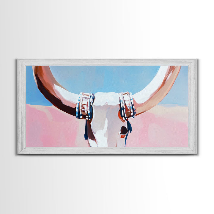 Bull Skull, Skull Art, Rustic Wall Art, Wabi Sabi Art, Southwest Wall Art, Long Narrow Wall Art, Canvas Print, Farmhouse Art, Extra Wide Art