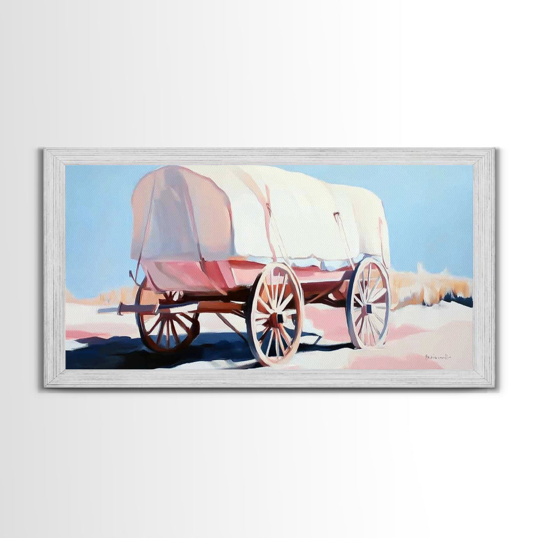 Covered Wagon, Vintage Western Art, Rustic Wall Art, Farmhouse Art, Coastal Cowgirl Wall Art, Light Pink Wall Art, Framed Canvas Print, Extra Wide Art