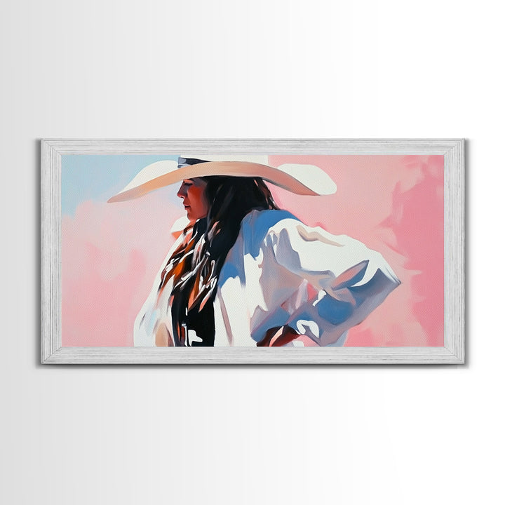 Cowgirl in White, Black Cowgirl Painting, Coastal Cowgirl Wall Art, Rustic Decor, Light Pink Wall Art, Canvas Print, Bedroom Art, Moody Art