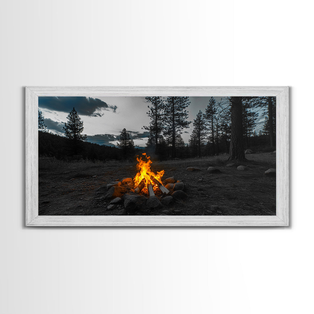 Campfire Under Pine Trees Canvas Print | Forest at Dusk Painting | Rustic Wall Art | Moody Landscape Art | Above Sofa Art | Extra Wide Art