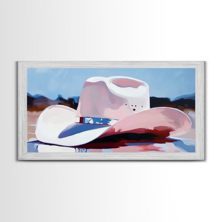 Cowboy hat, western art, farmhouse art, framed canvas print, rustic wall art, gift idea, wabi sabi art, pink abstract art, lofi art