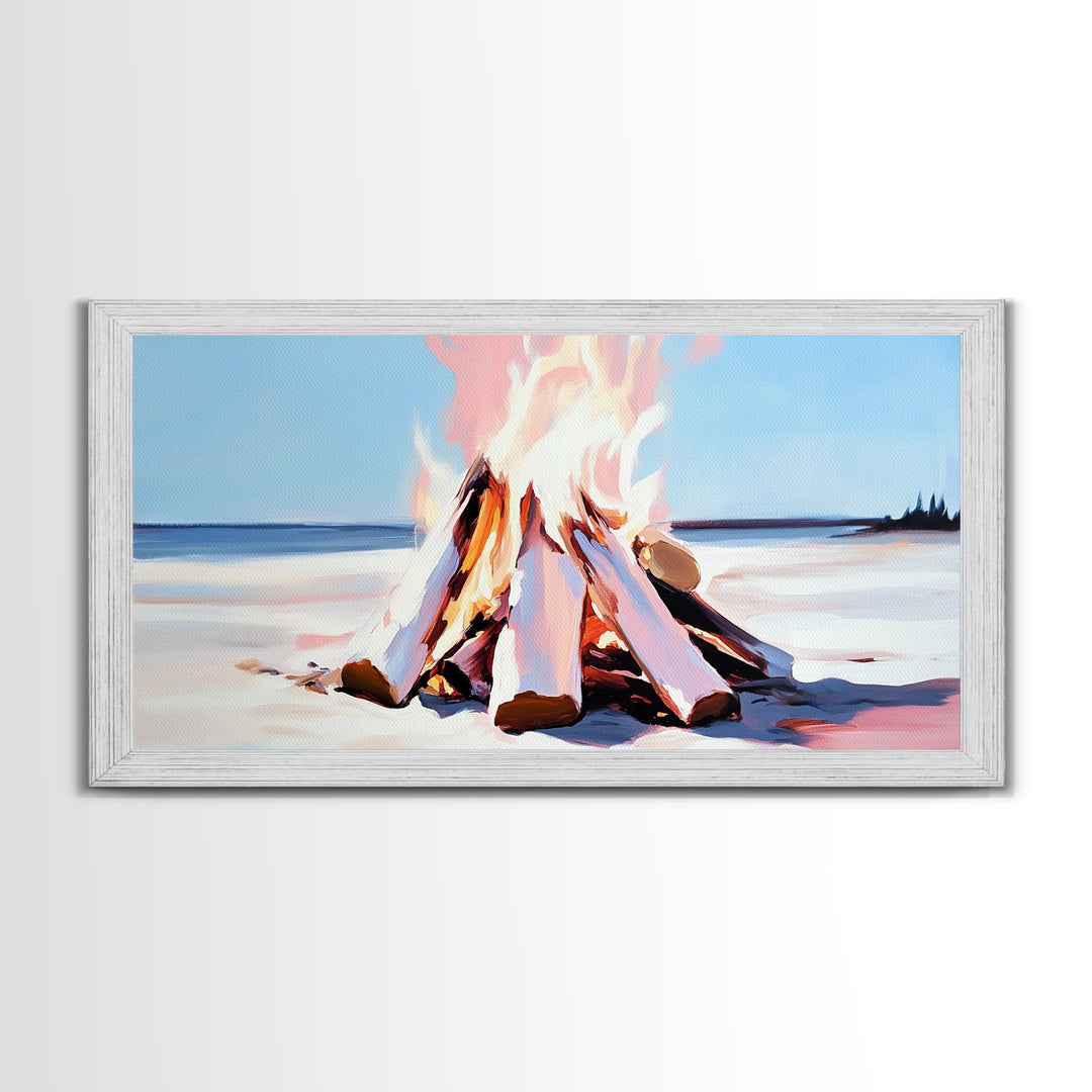 Campfire, moody art, coastal landscape art, framed canvas print, rustic decor, fire painting, extra wide art, landscape painting