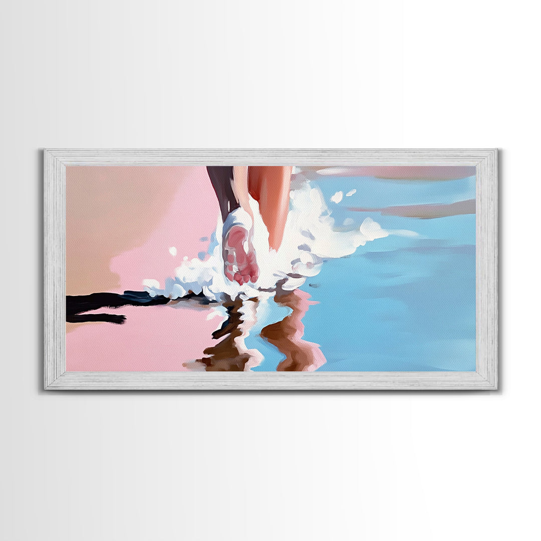 Barefoot Beach Walk, coastal decor, ocean painting, seascape painting, pink abstract art, light pink wall art, canvas print