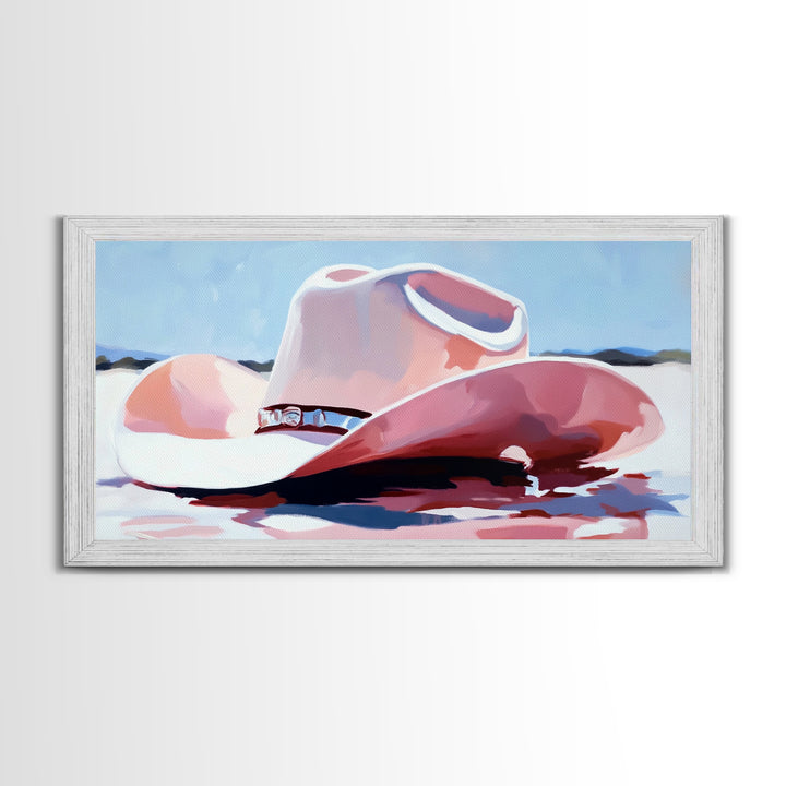 Cowboy Hat in Desert, western art, vintage cowgirl, rustic wall art, pink wall art, light pink wall art, framed canvas print
