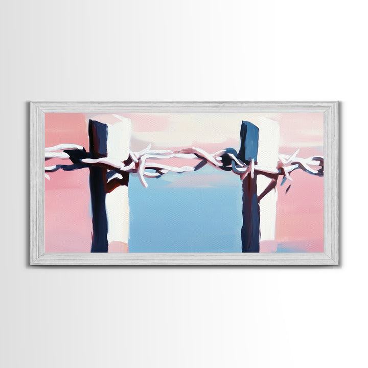 Barbed Wire Fence, rustic decor, pink abstract art, southwest wall art, minimalist art, boho art, framed canvas print
