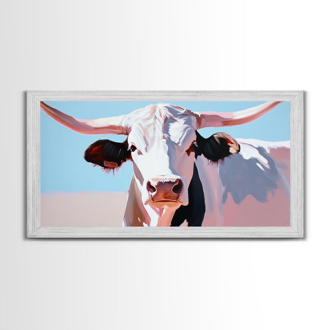 Bull And Bear Art, Rustic Wall Art, Farmhouse Art, Vintage Western Painting, Coastal Cowgirl Art, Framed Canvas Print, Above Couch Art