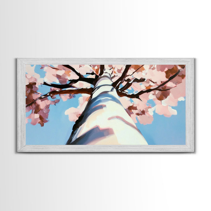 Cherry Blossom Painting, Birch Tree Art, Pink Wall Art, Botanical Prints, Extra Wide Art, Canvas Print, Above Sofa Art, Horizontal Wall Art