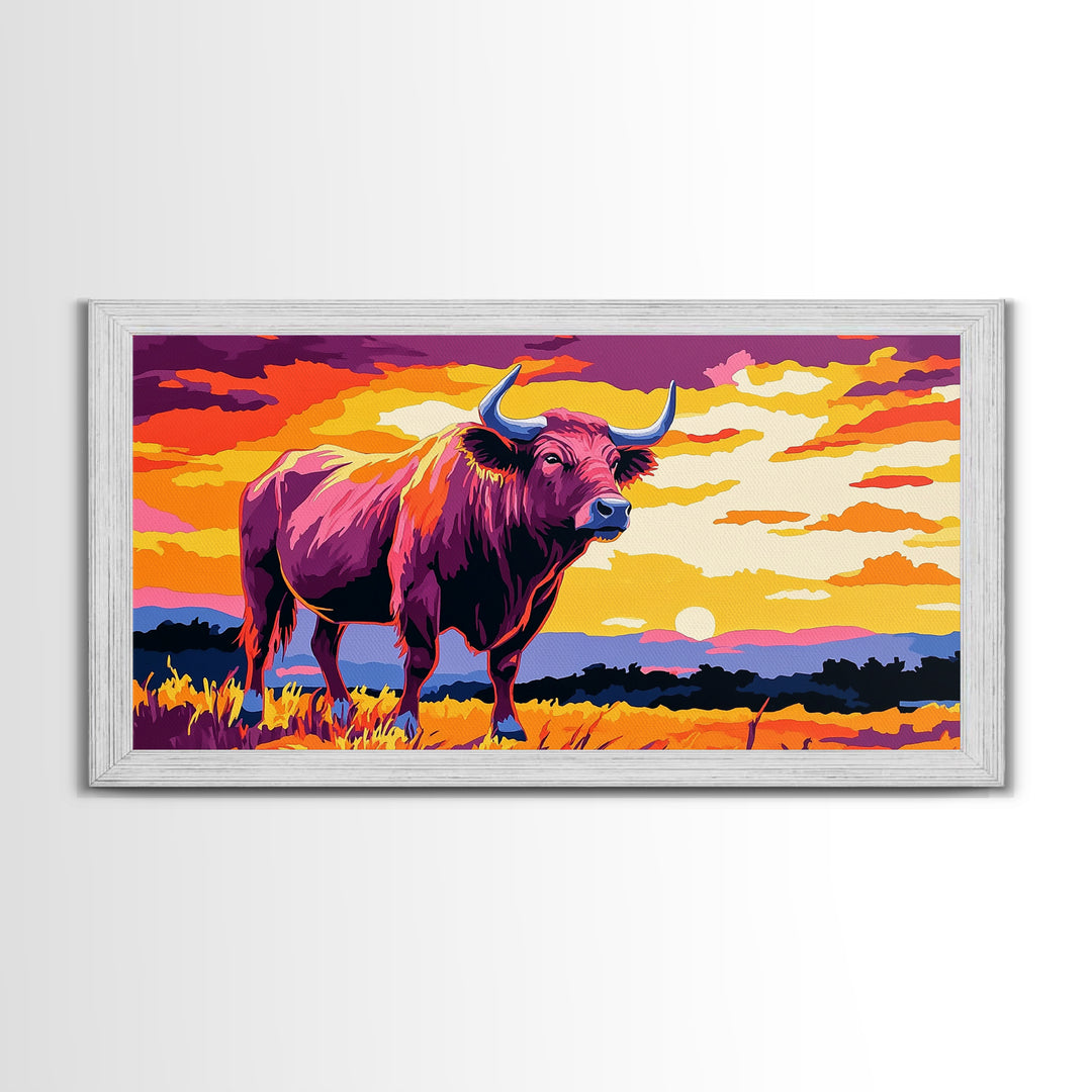 Bull Sunset, bull and bear art, rustic wall art, farmhouse decor, sunset painting, moody art, framed canvas print