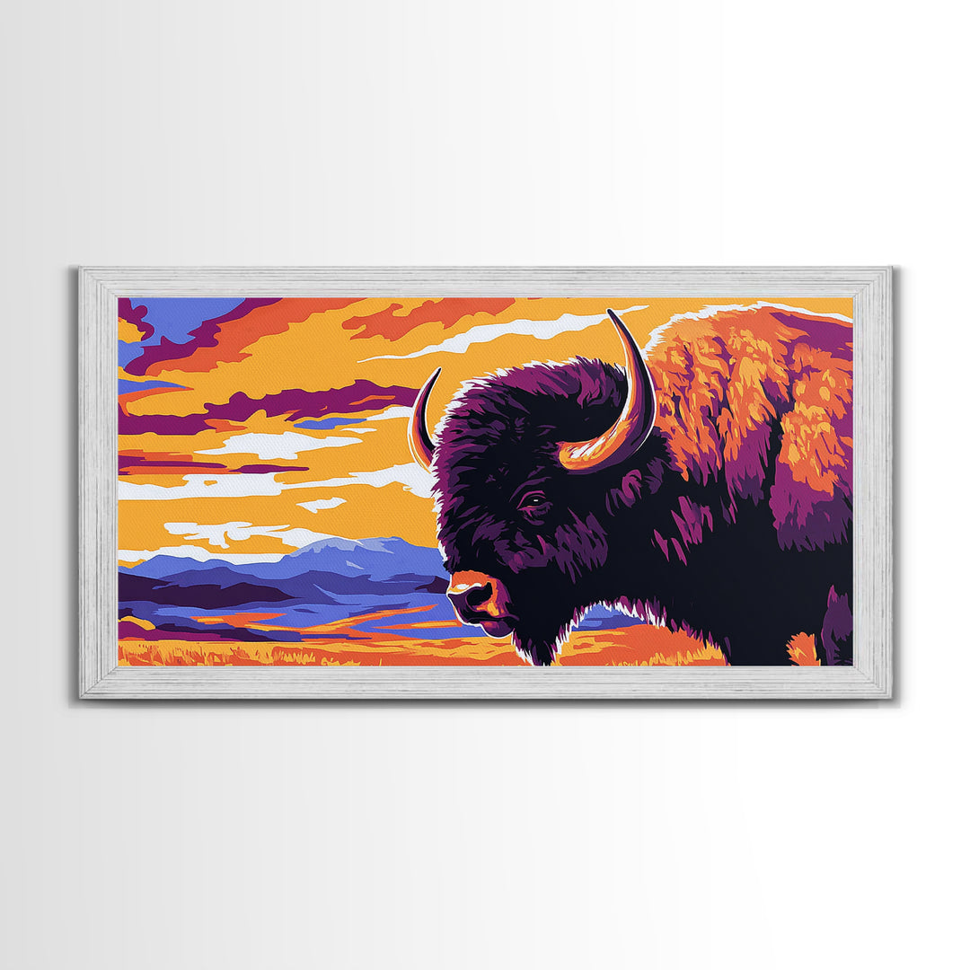 Bison Plains, rustic wall art, mountain painting, southwest wall art, landscape painting, extra wide art, Framed Canvas Print, farmhouse decor