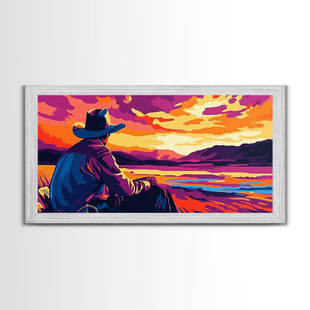 Cowboy Sunset, western art, landscape painting, rustic decor, panoramic art, farmhouse art, Framed Canvas Print, gift idea, extra wide art