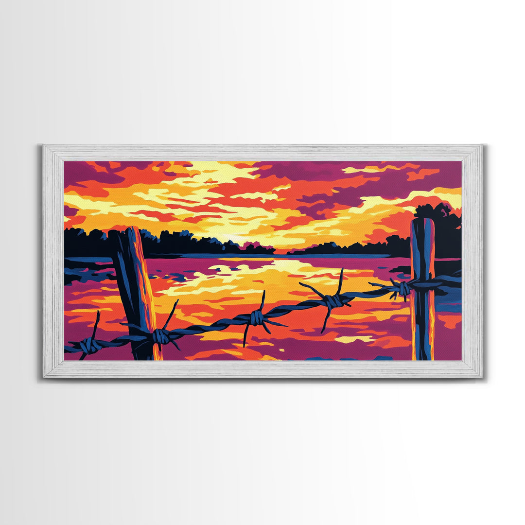 Barbed wire, rustic fence, cowboy art, sunset glow, farmhouse wall art, panoramic painting, western landscape, framed canvas print