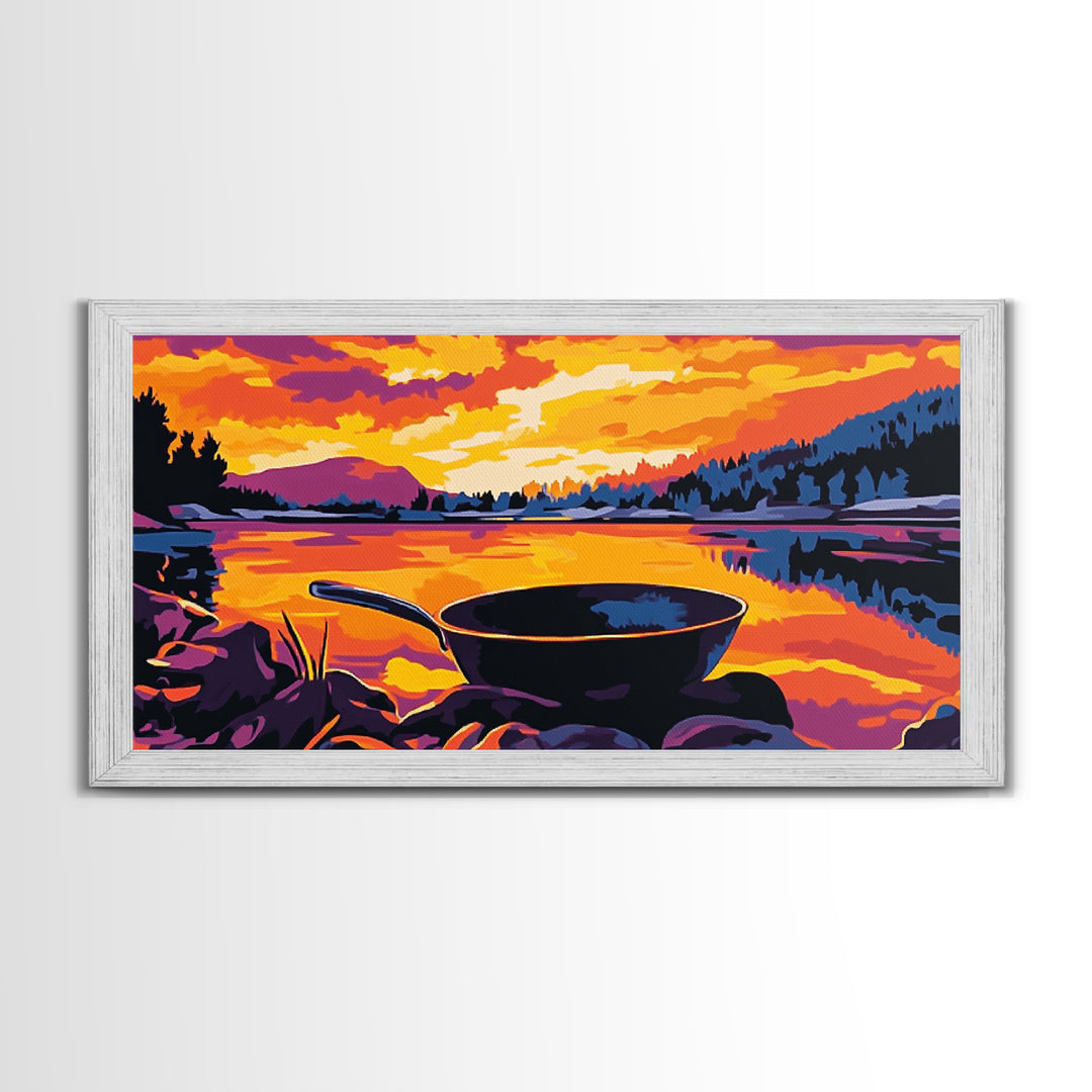 Cast iron pan, outdoor cooking, cowboy camping, rustic kitchen decor, lakeside sunset, nostalgic western art, framed canvas print