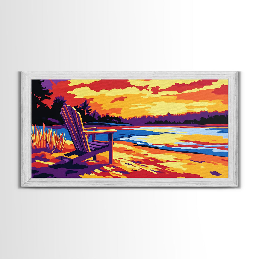 Adirondack chair, lake view, relaxing sunset, cabin art, rustic landscape, extra wide art, nature lover decor, canvas print