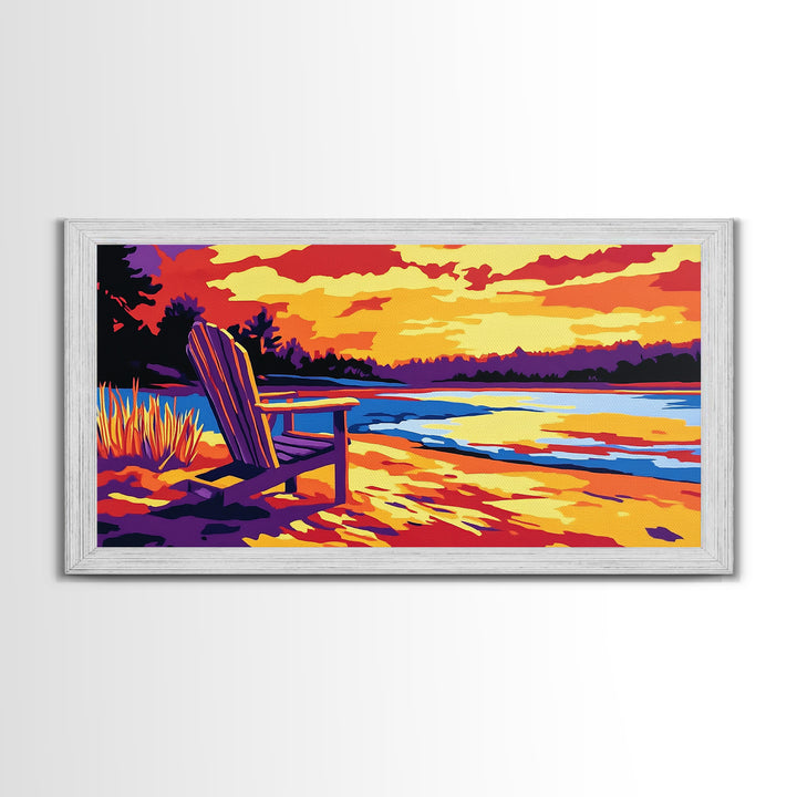 Adirondack chair, lake view, relaxing sunset, cabin art, rustic landscape, extra wide art, nature lover decor, canvas print