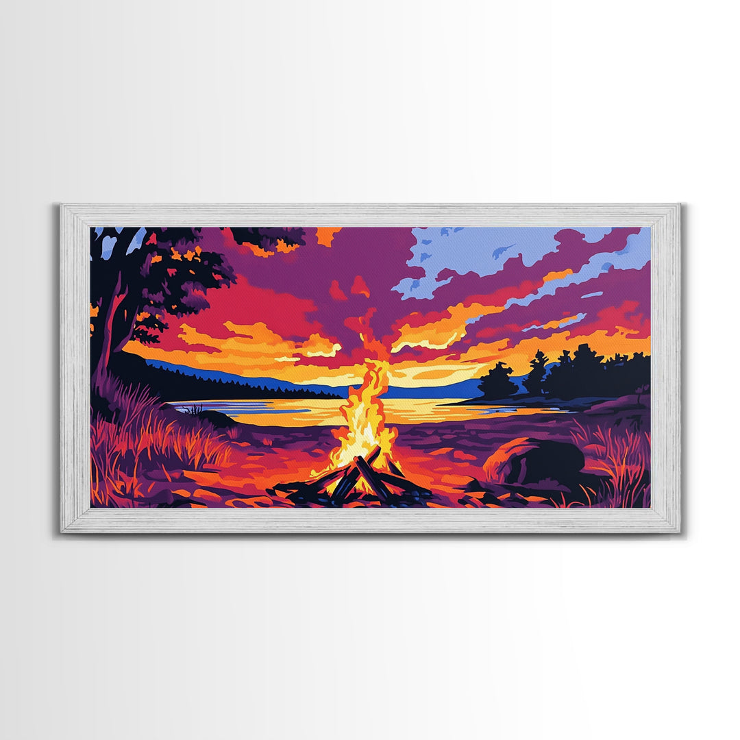 Bonfire, lakeside evening, autumn wall art, warm sunset painting, outdoor adventure art, extra wide art, framed canvas print