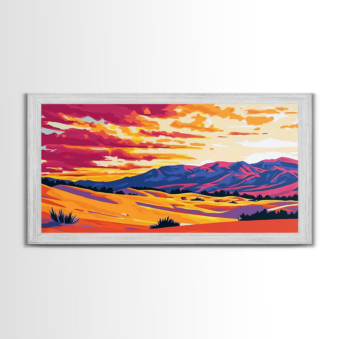 Desert dunes, mountain painting, western sunset, scenic landscape art, minimalist boho decor, panoramic art, framed canvas print