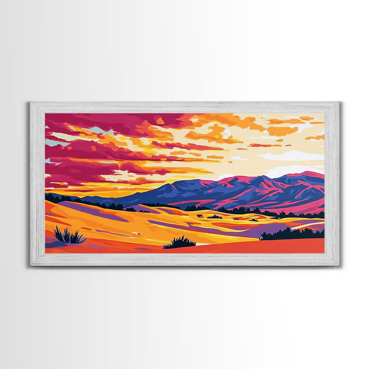 Desert dunes, mountain painting, western sunset, scenic landscape art, minimalist boho decor, panoramic art, framed canvas print