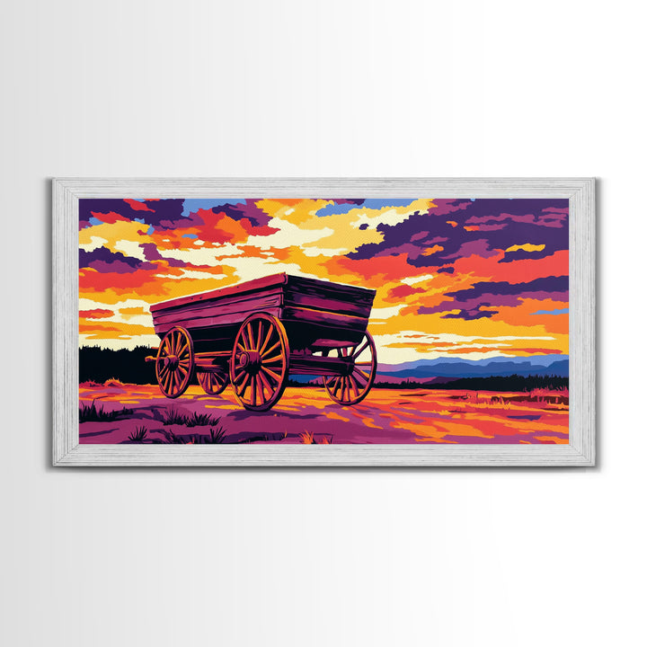 Covered wagon, prairie landscape, rustic western art, historical painting, farmhouse decor, extra wide art, framed canvas print