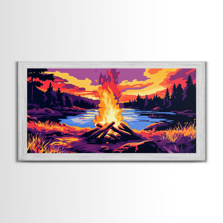 Campfire, lake sunset, rustic art, outdoor decor, cozy cabin wall art, smoky mountain art, framed canvas print, horizontal wall art