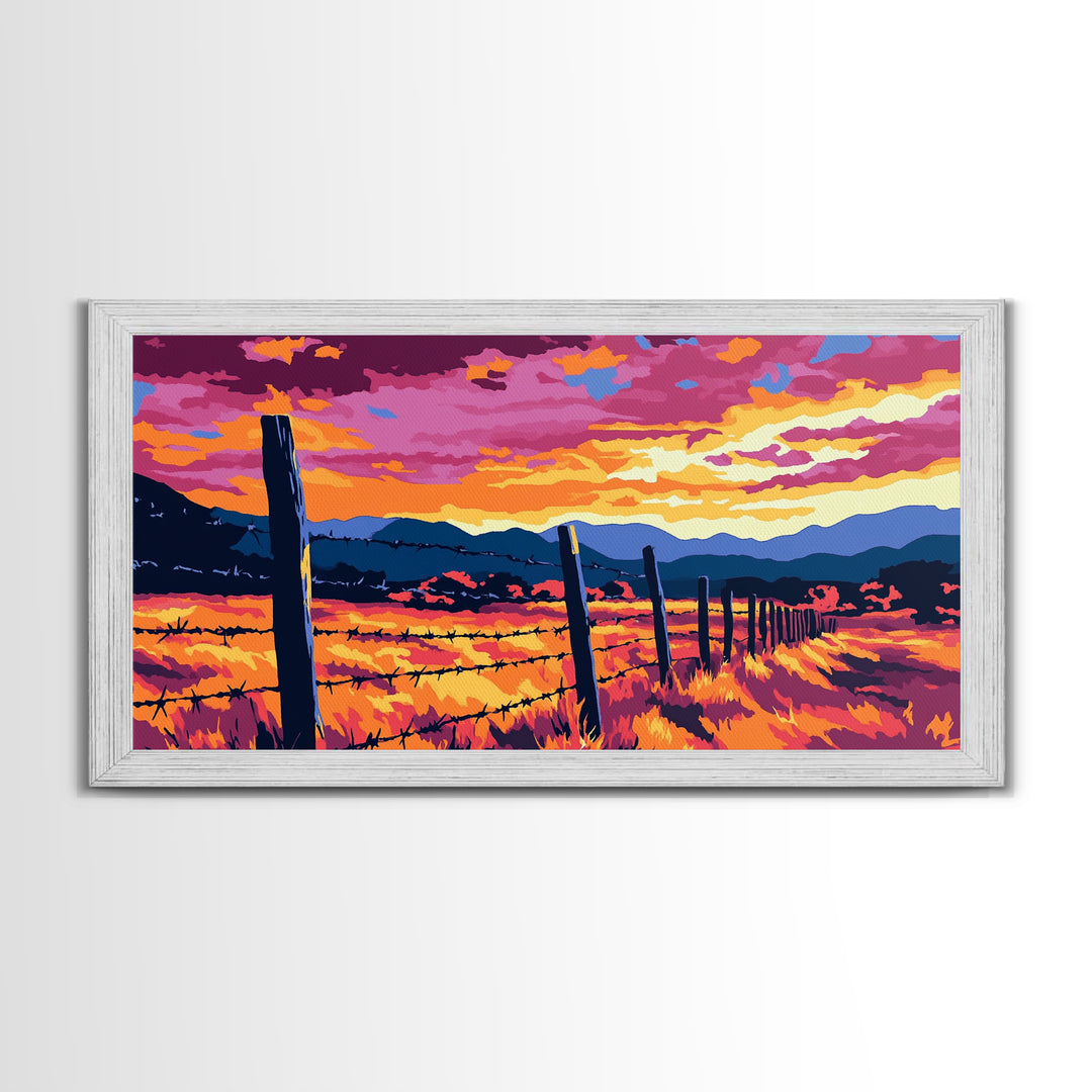 Barbed Fence, rustic art, country painting, extra wide art, farmhouse wall art, landscape painting, horizontal wall art, Framed Canvas Print