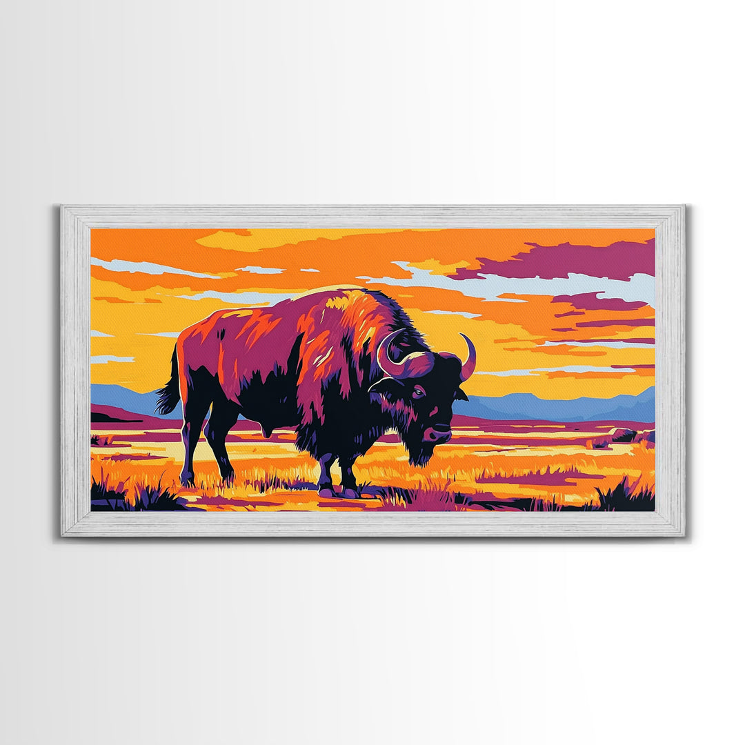Bison Prairie, rustic art, southwest wall art, landscape painting, extra wide art, panoramic painting, farmhouse art, Framed Canvas Print