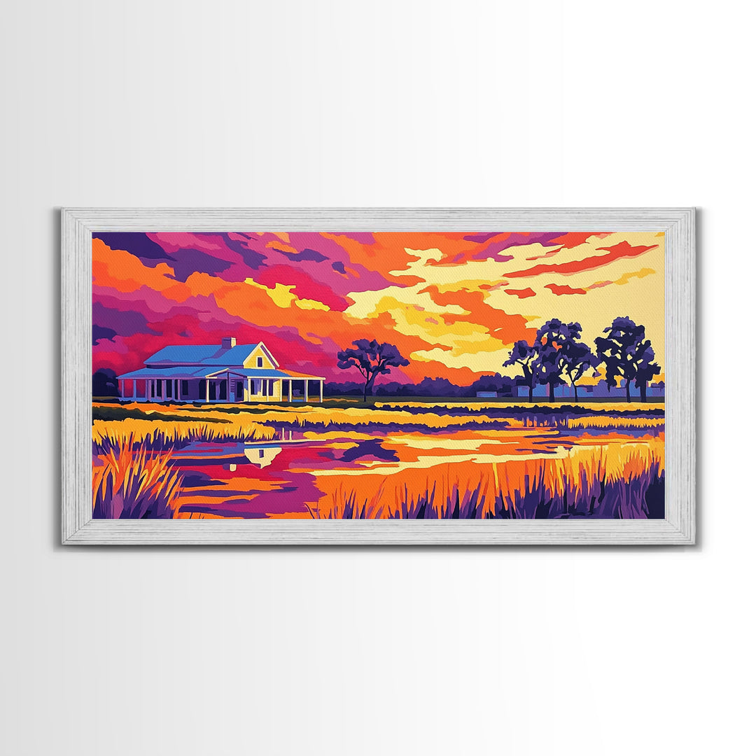 Rural Farmhouse, Rustic Wall Art, Barn Landscape Oil Painting, Farmhouse Art, Framed Canvas Print, Panoramic Art, Above Bed Wall Art