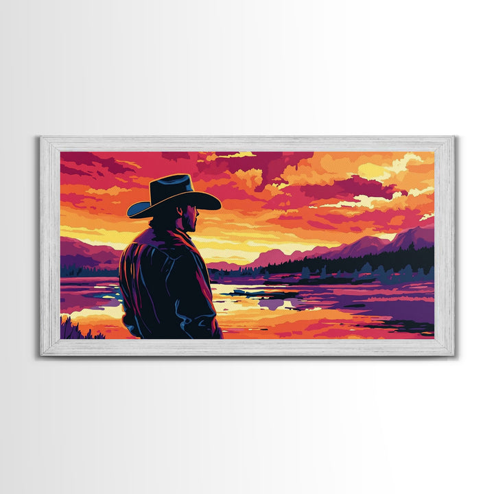 Cowboy Silhouette, Western Art, Southwest Wall Art, Rustic Decor, Moody Art, Framed Canvas Print, Gift Idea, Panoramic Art, Horizontal Wall Art