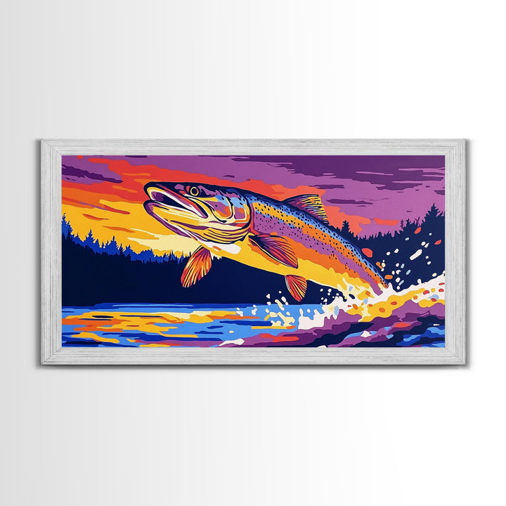 Jumping Trout, fly fishing art, trout art, nautical decor, rustic wall art, gift idea for him, lake Tahoe art, framed canvas print