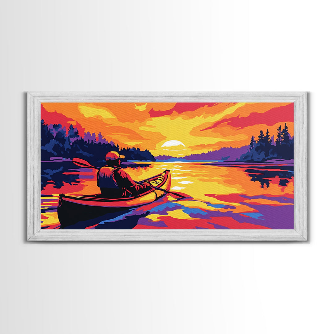 Kayaker at Sunset, fisherman painting, nautical painting, coastal landscape art, rustic decor, panoramic painting, canvas print