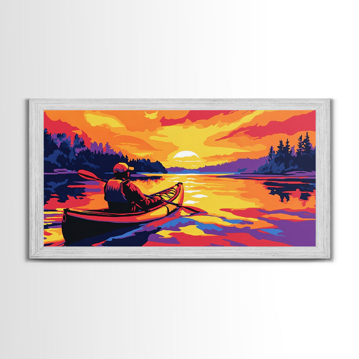Kayaker at Sunset, fisherman painting, nautical painting, coastal landscape art, rustic decor, panoramic painting, canvas print