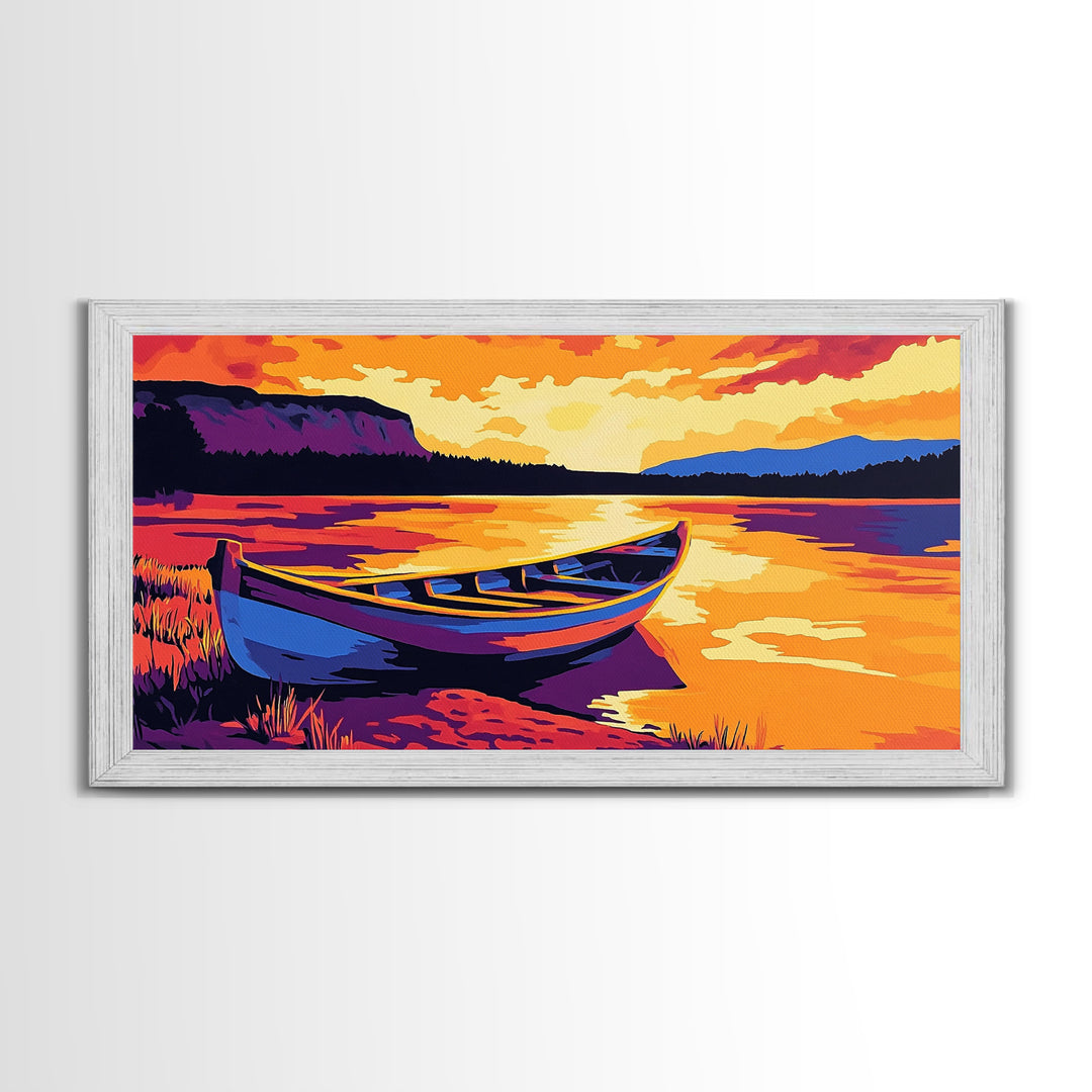 Boat on the Shore, nautical painting, seascape painting, rustic decor, above couch art, panoramic painting, extra wide art, canvas print