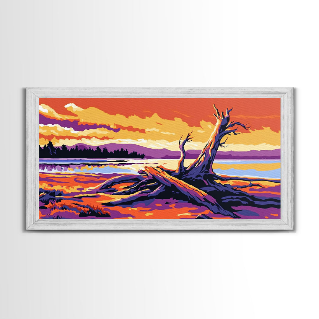 Driftwood Beach Scene, coastal landscape art, nautical painting, rustic wall art, ocean sunset art, panoramic art, framed canvas print