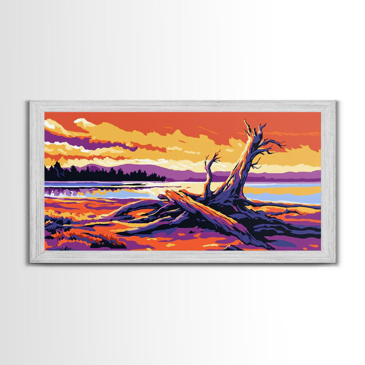 Driftwood Beach Scene, coastal landscape art, nautical painting, rustic wall art, ocean sunset art, panoramic art, framed canvas print