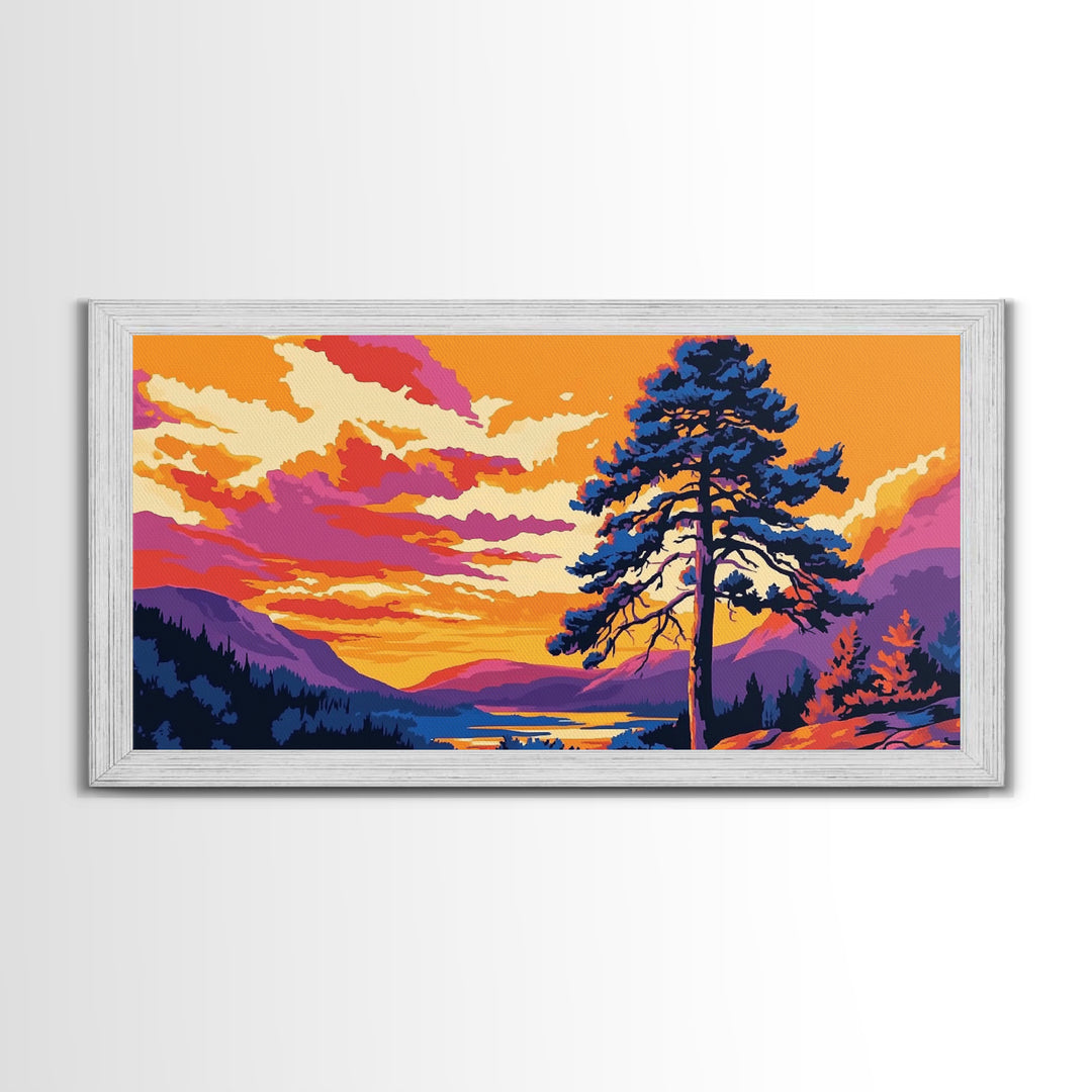 Pine Tree Sunset, smoky mountain art, Joshua tree art, landscape painting, rustic decor, extra wide wall art, framed canvas print