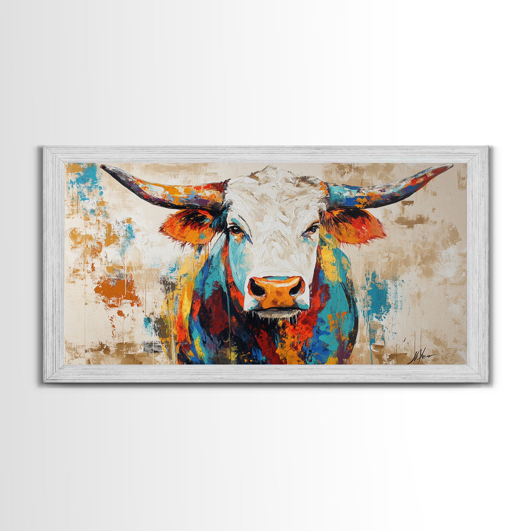 Vibrant Bull Art, rustic decor, extra wide art, farmhouse art, bold color wall art, southwestern painting, framed canvas print, modern rustic art