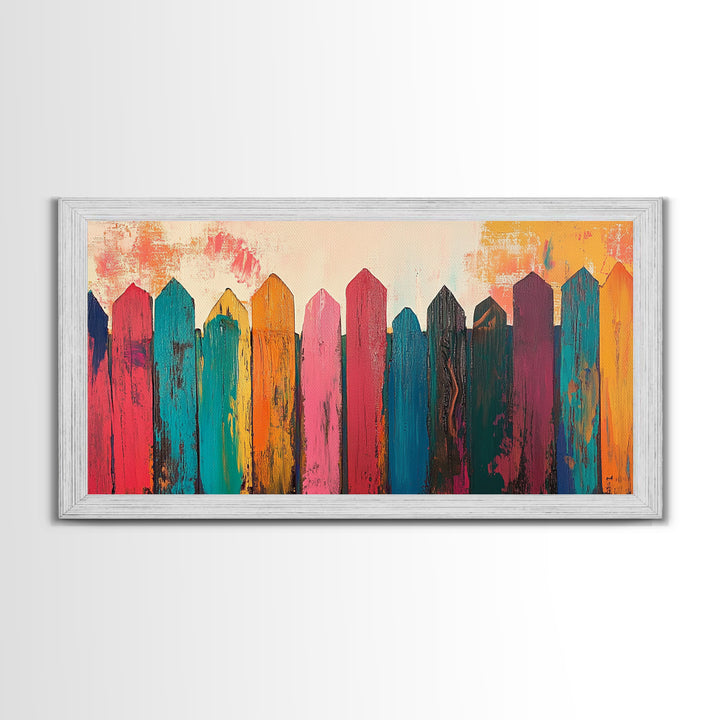 Rustic Fence Art, farmhouse art, rustic wall art, wabi sabi art, colorful wood painting, extra wide art, canvas print, southwestern decor