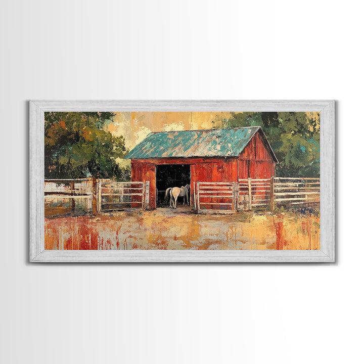 Rustic Barn Scene, barn landscape oil painting, western wall art, farmhouse decor, rural life painting, extra wide art, framed canvas print, wabi sabi art