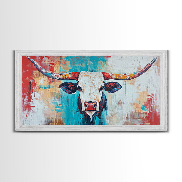 Colorful Longhorn Art, rustic wall art, farmhouse art, southwest wall art, bold animal painting, extra wide art, canvas print, wabi sabi art