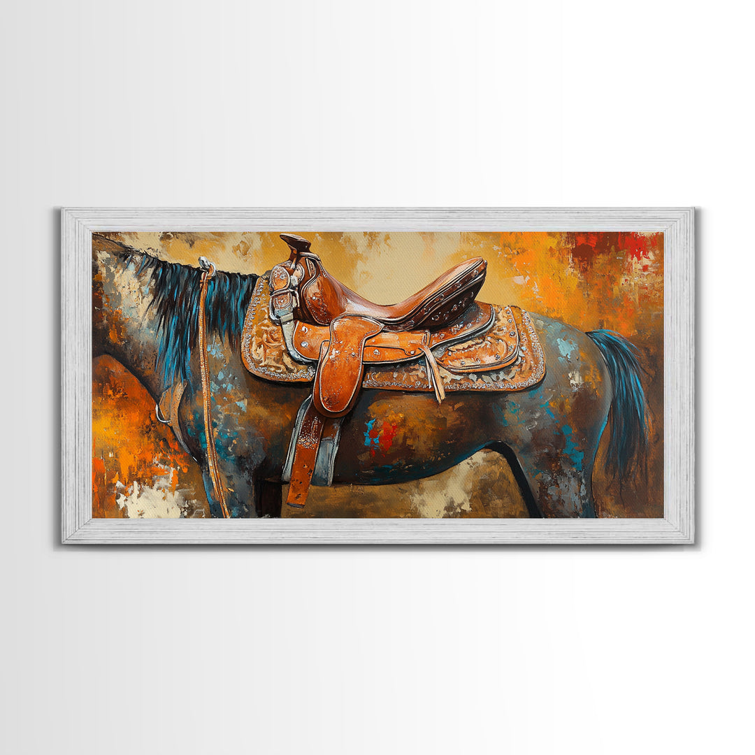 Western Saddle Art, Canvas Print, Rustic Decor, Moody Art, Southwest Wall Art, Extra Wide Art, Above Bed Wall Art, Farmhouse Wall Art