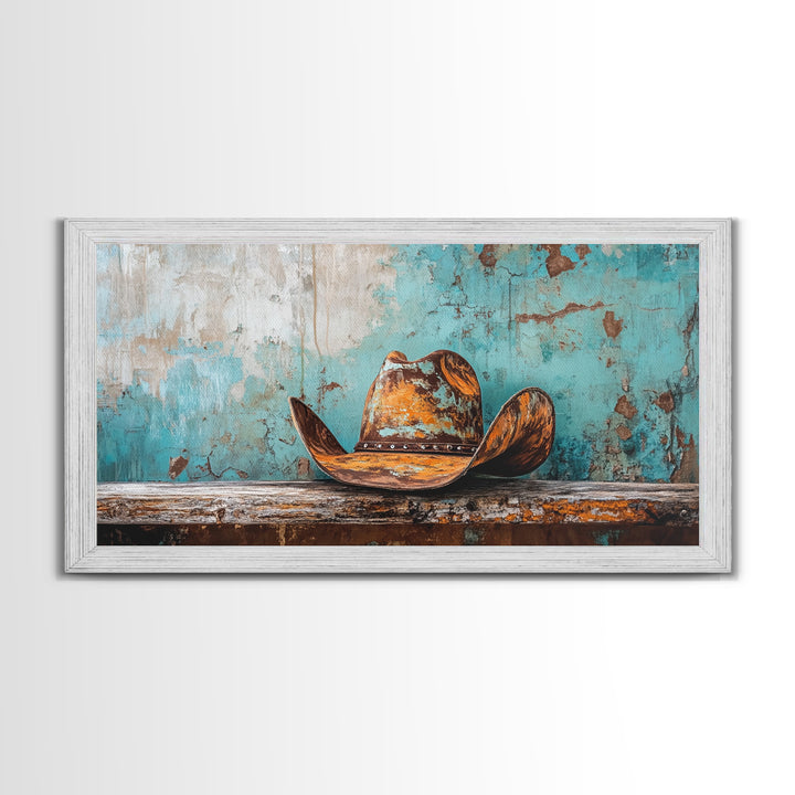 Cowboy Hat Art, Framed Canvas Print, Rustic Decor, Southwest Wall Art, Extra Wide Art, Farmhouse Art, Moody Art, Western Wall Art