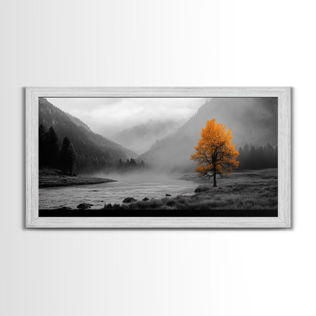 Autumn Tree in Fog, smoky mountain art, pine tree art, wabi sabi art, forest at dusk painting, fall wall art, rustic decor, Framed Canvas Print