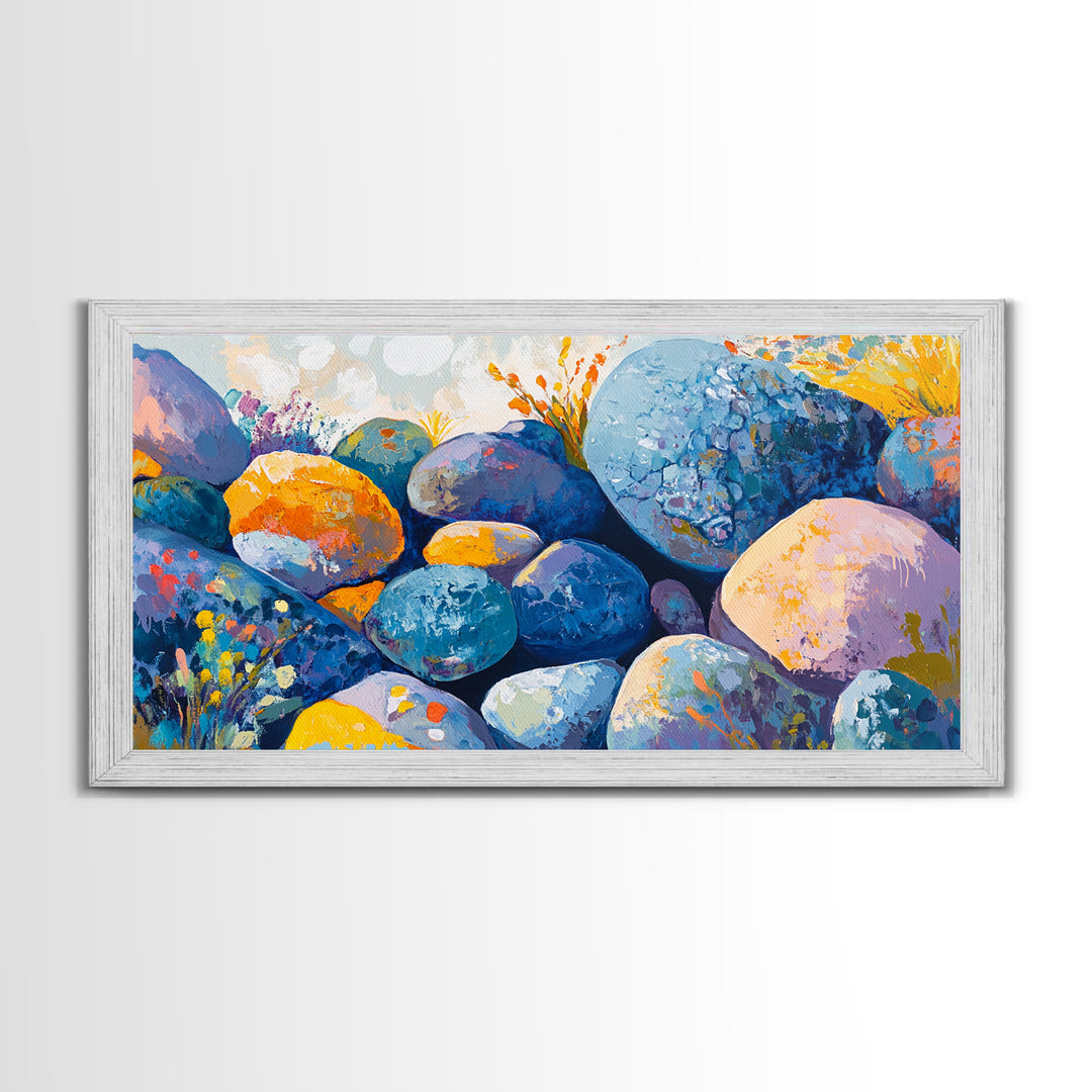 River Rocks, Whimsical Art, Mosaic Wall Art, Boho Art, Teal Wall Art, Nature Inspired Art, Abstract Landscape, Canvas Print, Gift Idea Her