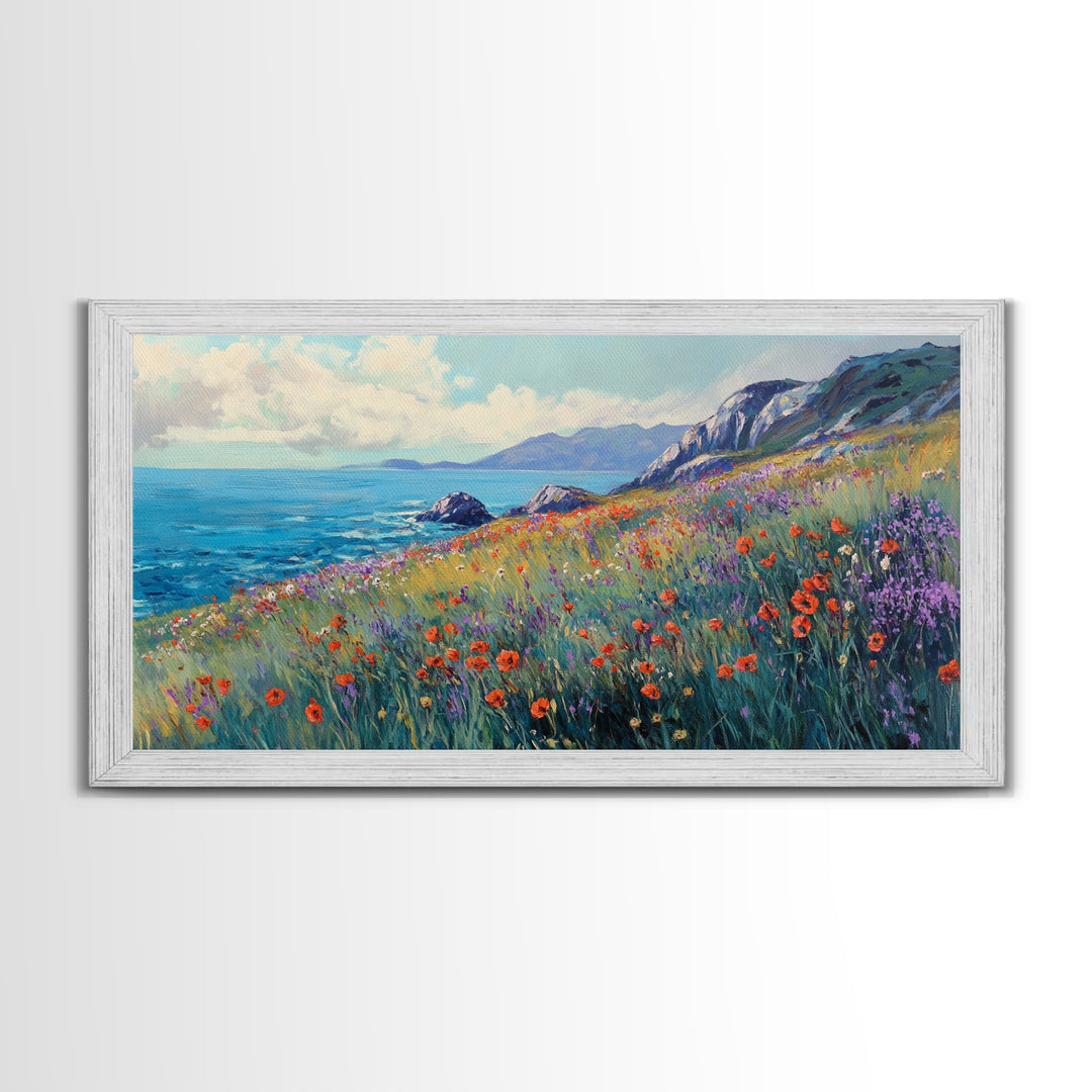 Coastal Wildflower Art, Framed Canvas Print, Poppy Wall Art, Coastal Landscape Art, Seascape Painting, Extra Wide Art, Above Couch Art